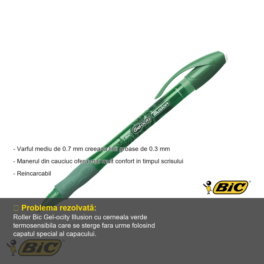 Roller cu gel verde Bic Gel-ocity Illusion, varf 0.7mm, cerneala termosensibila stersa, pentru birou si scoala [2]