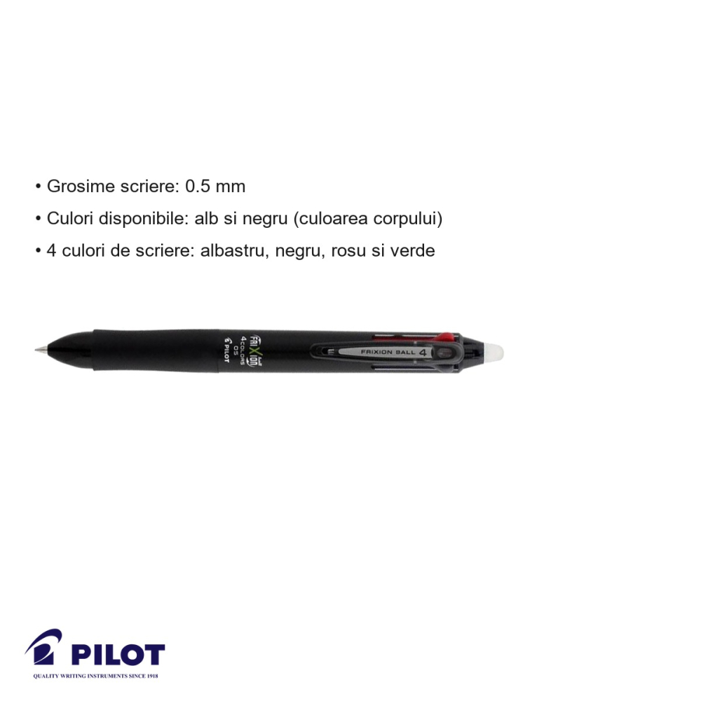 Roller cu mecanism 4 culori Pilot Frixion, cerneala termosensibila cu functie de stergere, 0.5 mm [3]