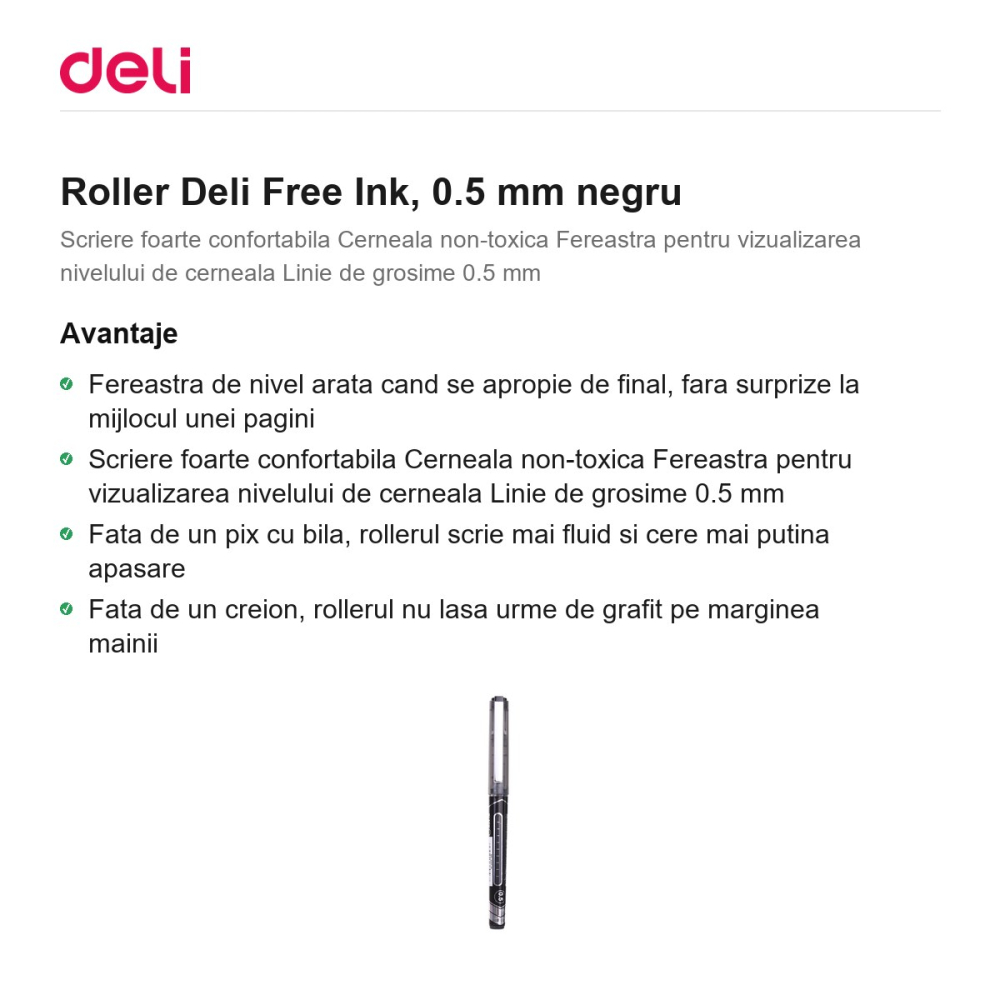 Roller Deli Free Ink, 0.5 mm negru [2]