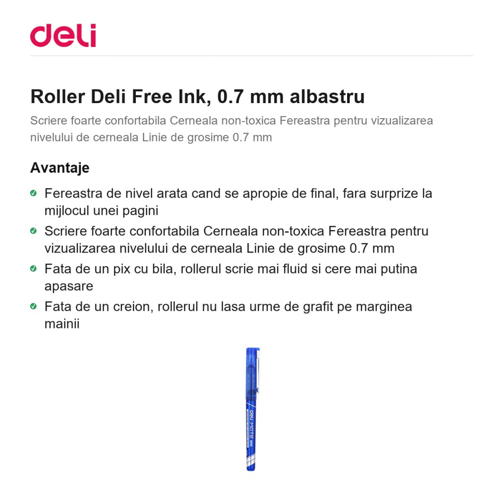 Roller Deli Free Ink, 0.7 mm albastru [2]