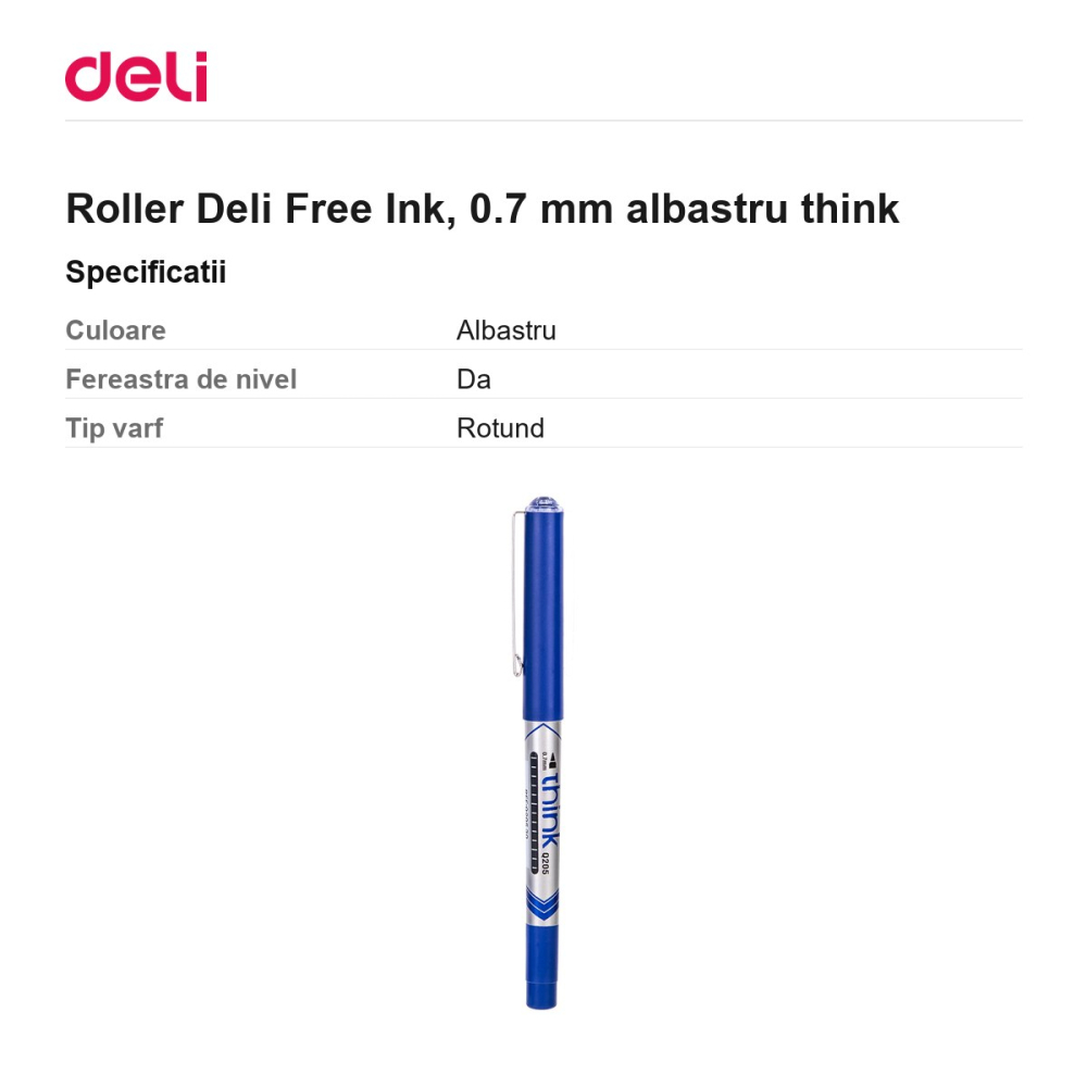 Roller Deli Free Ink, 0.7 mm albastru think [3]