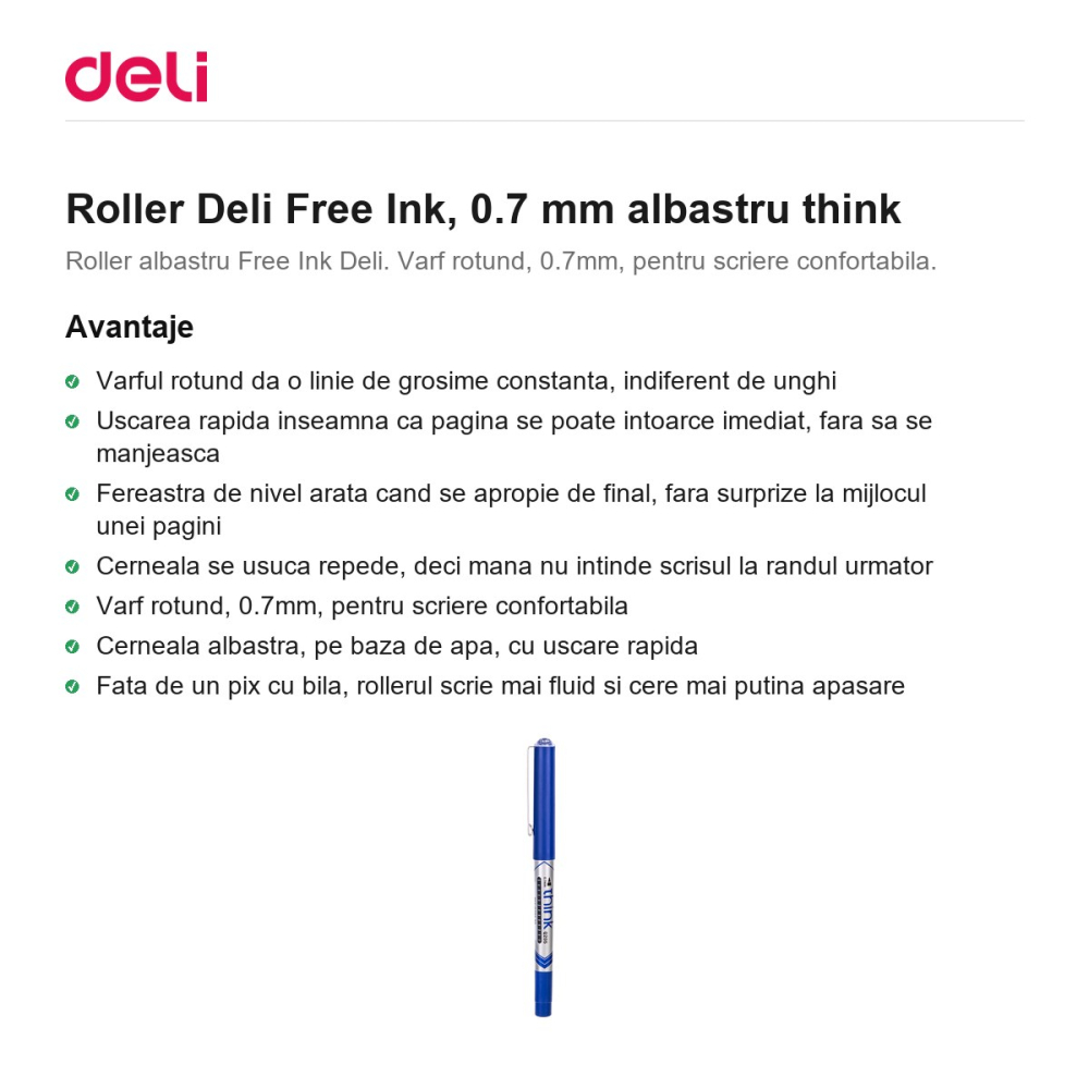Roller Deli Free Ink, 0.7 mm albastru think [2]