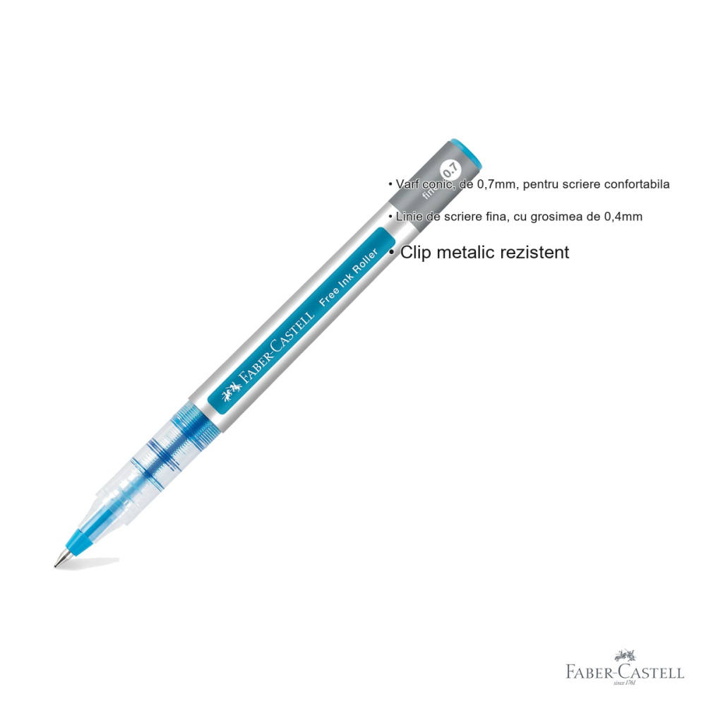 Roller Faber-Castell Free Ink 0.7mm albastru, varf conic, scriere fina si flux constant de cerneala [3]