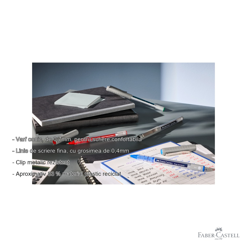 Roller Faber-Castell Free Ink 0.7mm, scriere fina albastra, pentru birou si scoala [2]