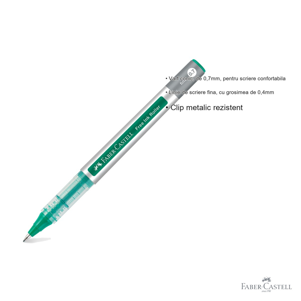 Roller Faber-Castell Free Ink 0.7mm, varf conic, cerneala verde, scriere fluida si precisa [3]