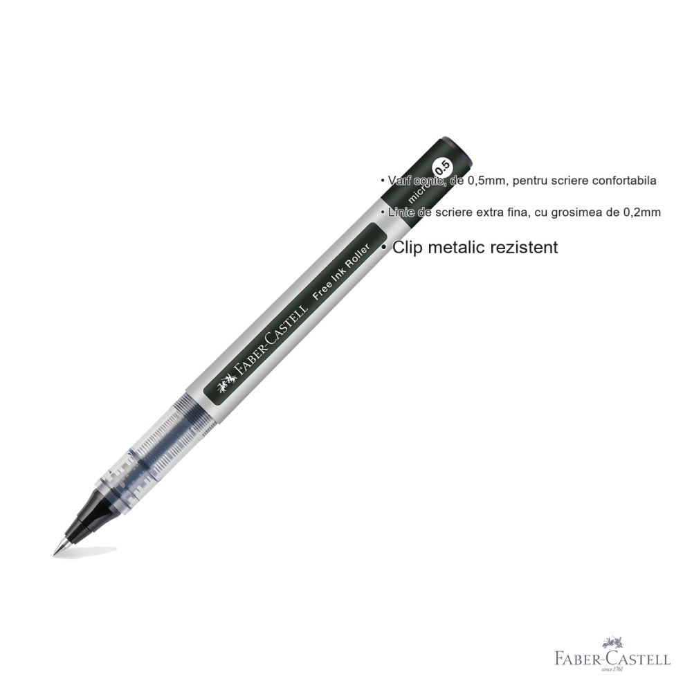 Roller Faber-Castell Free Ink negru, varf conic 0.5mm, scriere extra fina 0.2mm, pentru birou si scoala [3]