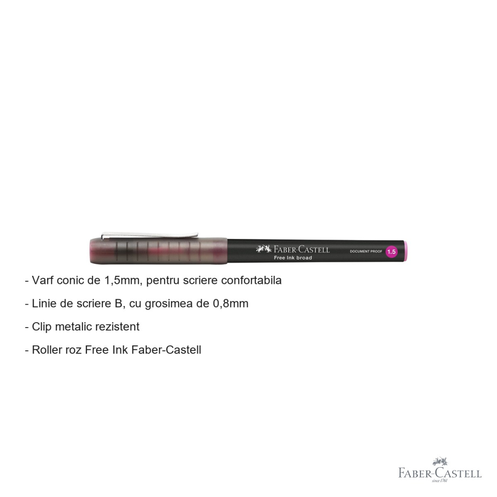 Roller Faber-Castell Free Ink roz, varf conic 1.5mm, scriere fluida tip B, pentru birou si scoala [2]