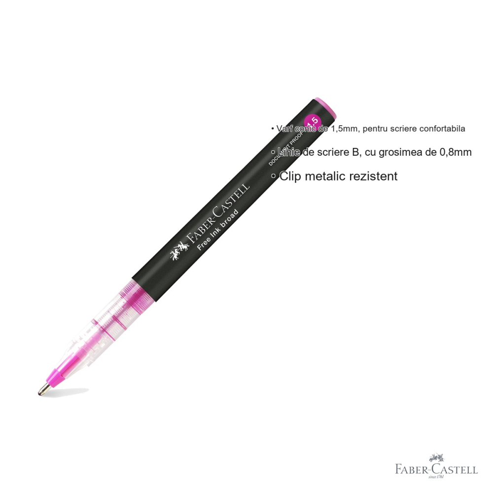 Roller Faber-Castell Free Ink roz, varf conic 1.5mm, scriere fluida tip B, pentru birou si scoala [3]