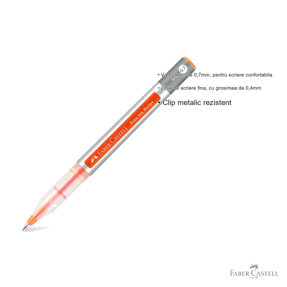 Roller Faber-Castell Free Ink, varf conic 0.7mm, cerneala portocalie, scriere fina si fluenta [3]