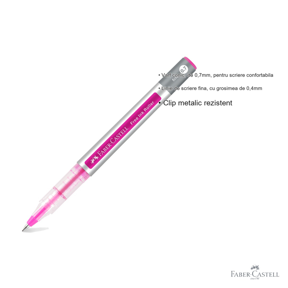 Roller Faber-Castell Free Ink, varf conic 0.7mm, cerneala roz, scriere fina si confortabila [3]