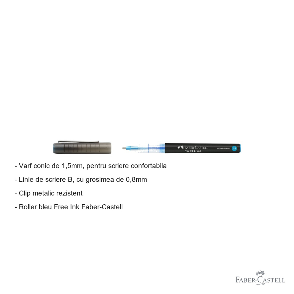 Roller Faber-Castell Free Ink, varf conic 1.5mm, cerneala albastra, linie groasa B, pentru scriere confortabila [2]