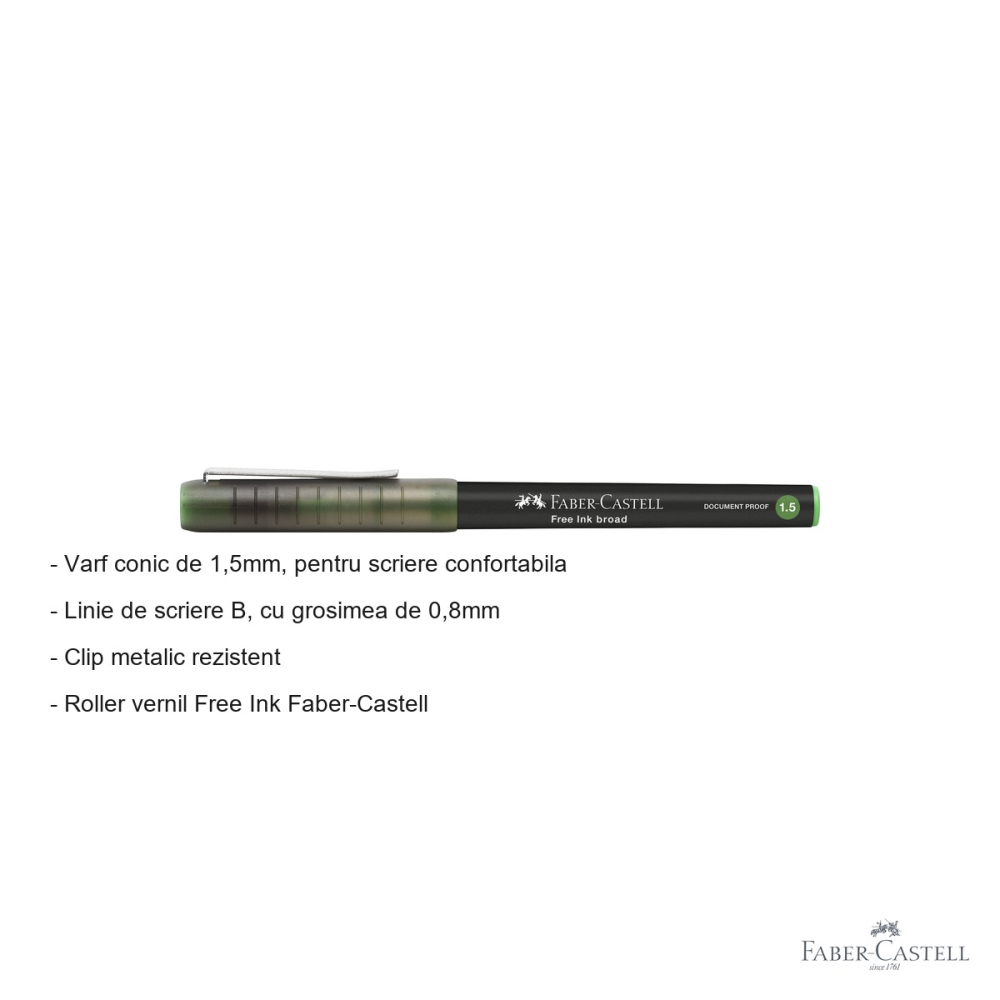 Roller Faber-Castell Free Ink vernil, varf conic 1.5mm, scriere larga tip B, pentru birou si scoala [2]