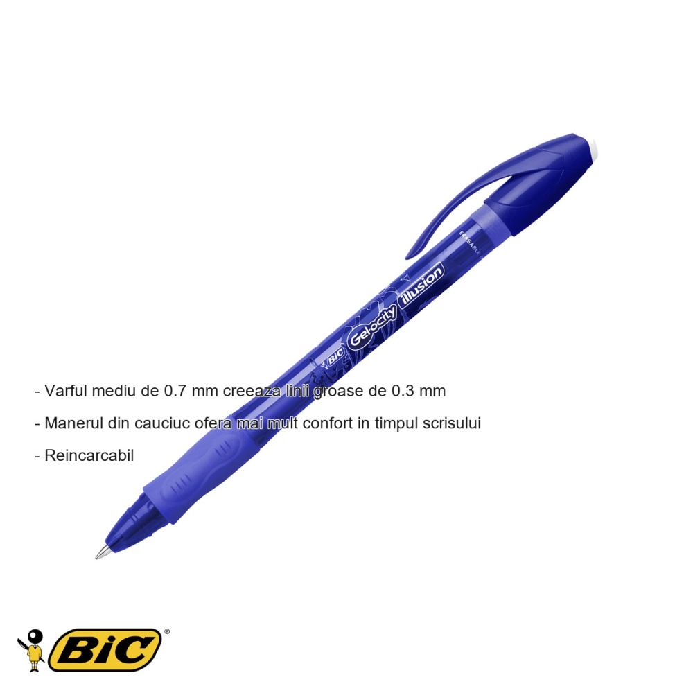 Roller gel erasable Bic Gel-ocity Illusion 0.7mm, cerneala termosensibila albastra, reincarcabil [2]