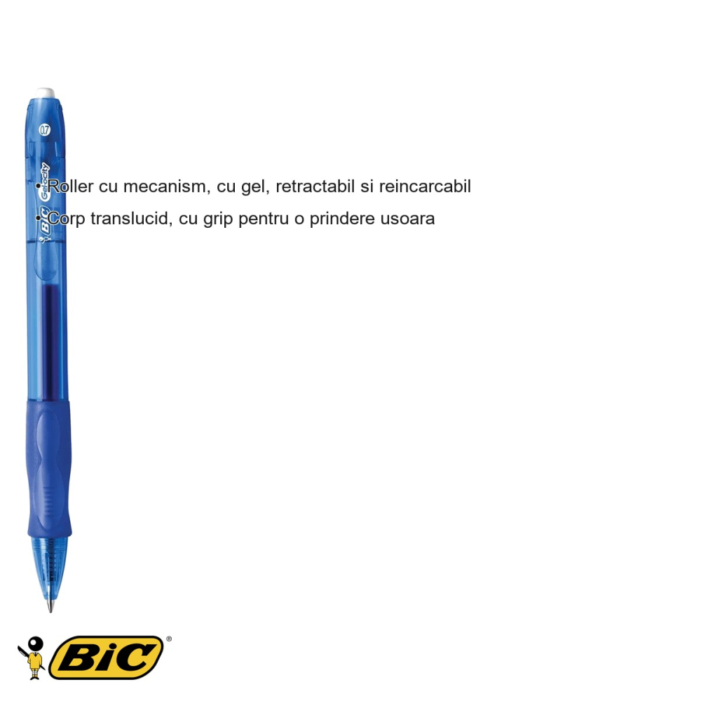 Roller gel retractabil Bic Velocity Clic, cerneala albastra, corp translucid cu grip, pentru birou si scoala [3]
