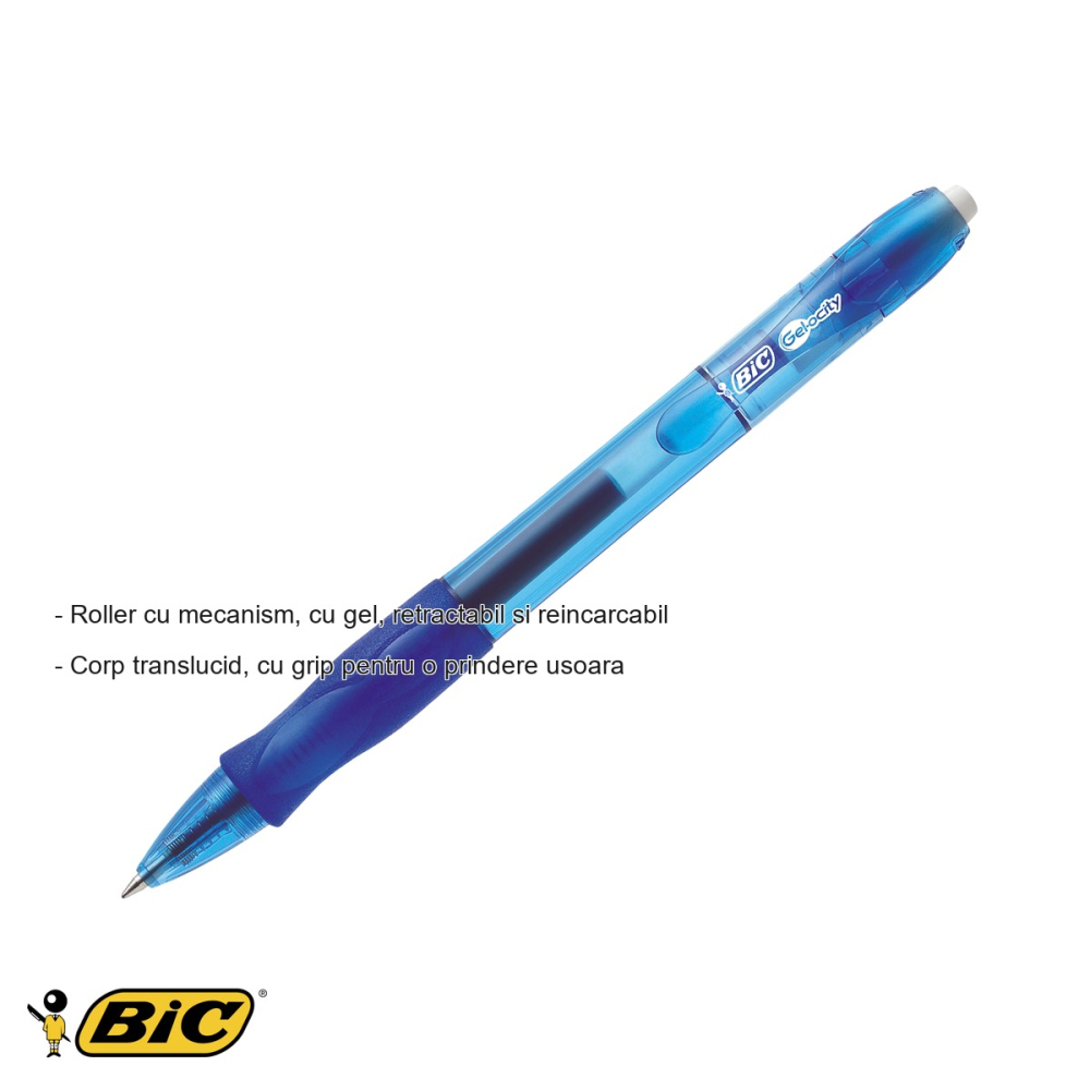 Roller gel retractabil Bic Velocity Clic, cerneala albastra, corp translucid cu grip, pentru birou si scoala [2]