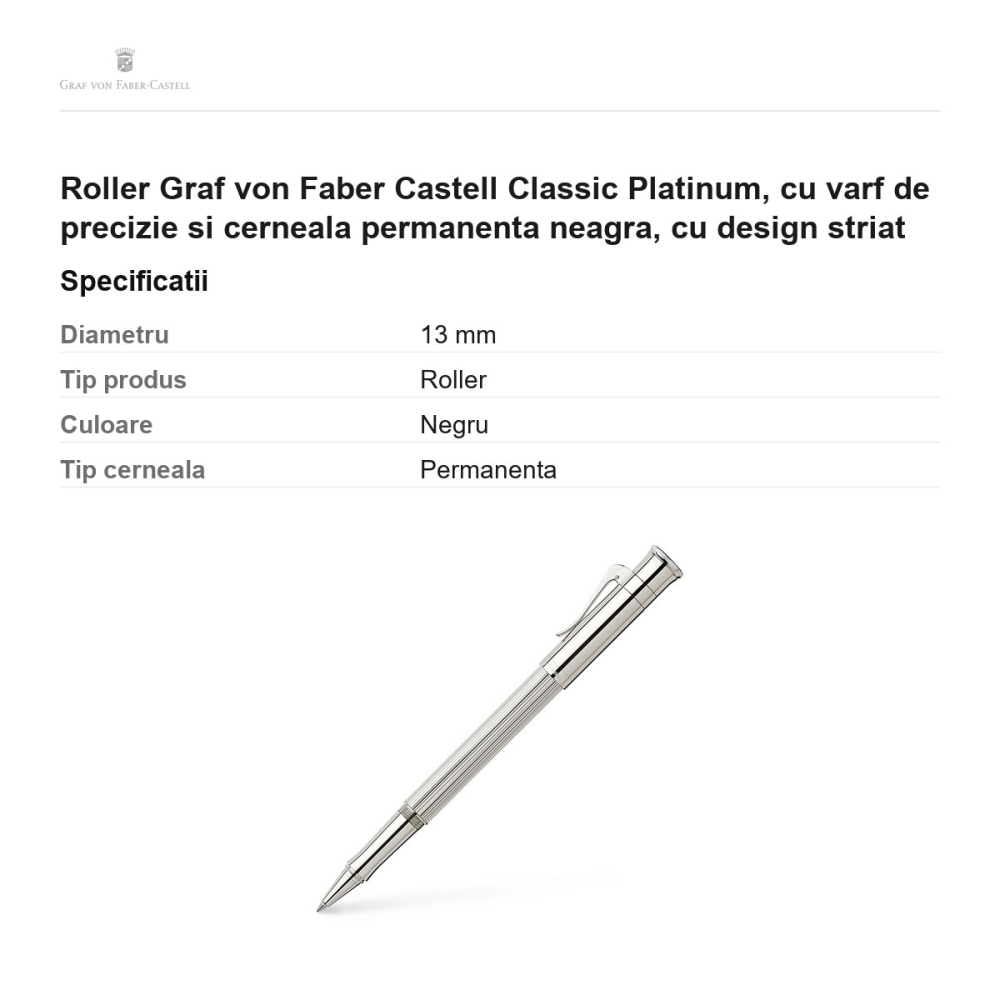 Roller Graf von Faber Castell Classic Platinum, cu varf de precizie si cerneala permanenta neagra, cu design striat [3]
