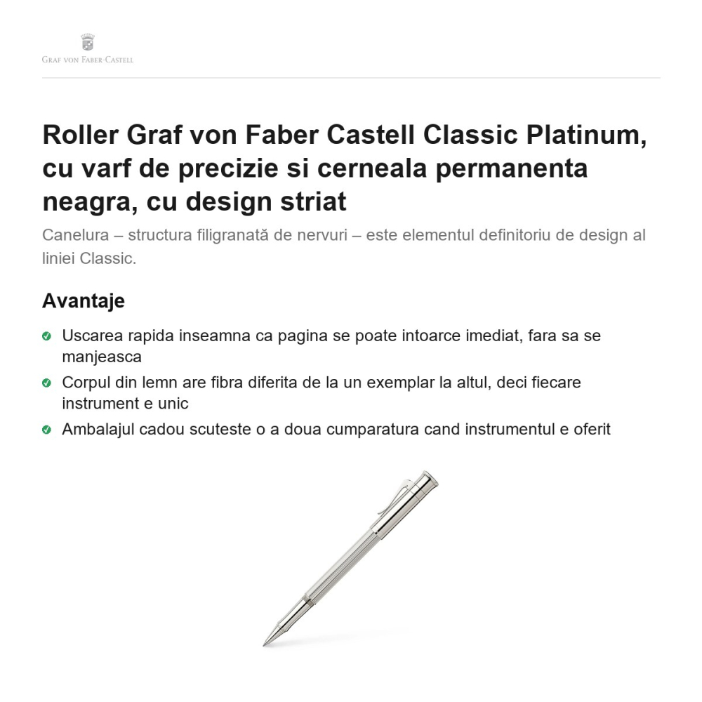 Roller Graf von Faber Castell Classic Platinum, cu varf de precizie si cerneala permanenta neagra, cu design striat [2]