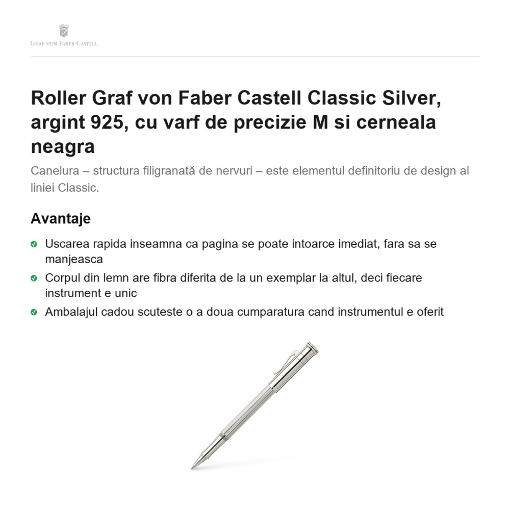 Roller Graf von Faber Castell Classic Silver, argint 925, cu varf de precizie M si cerneala neagra [2]