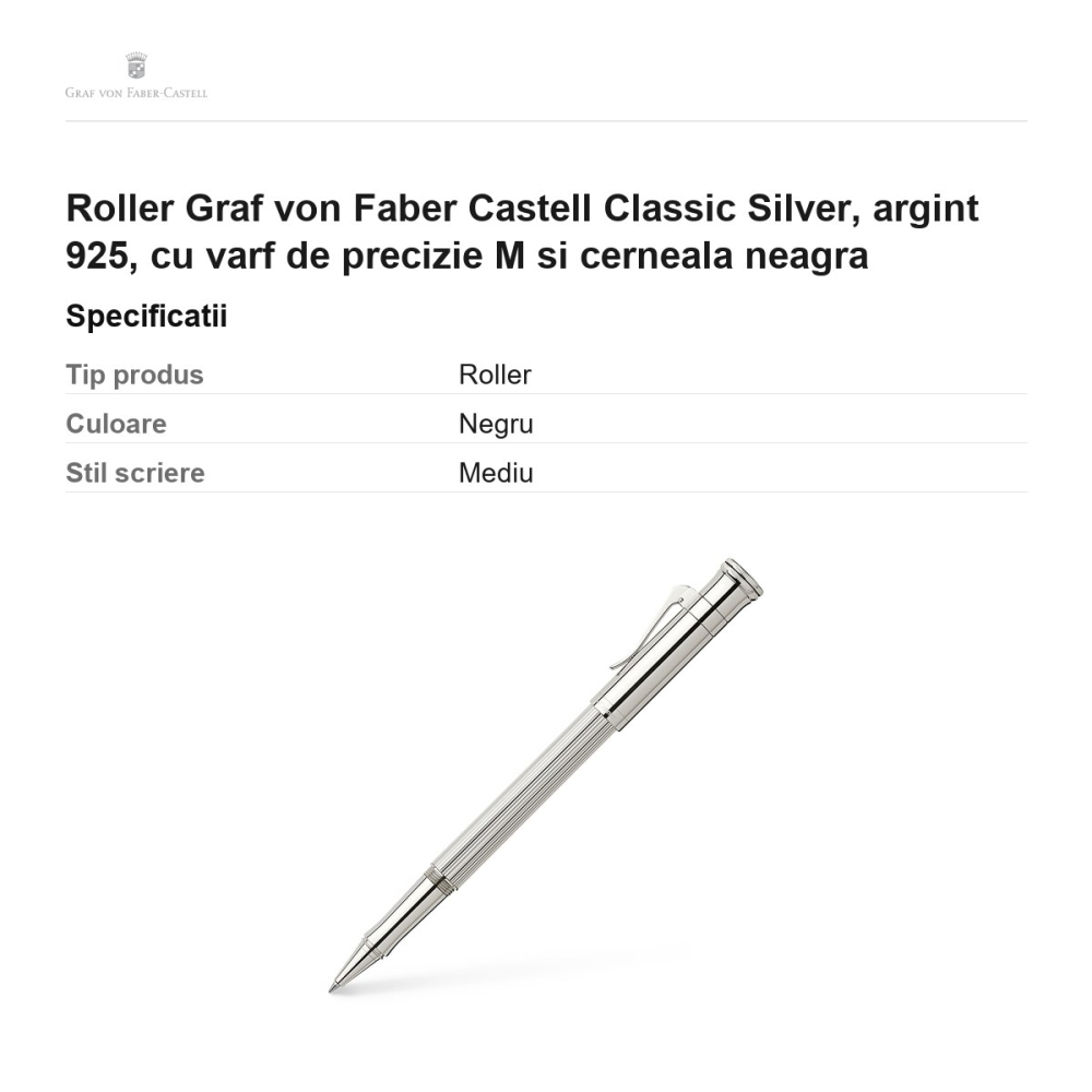 Roller Graf von Faber Castell Classic Silver, argint 925, cu varf de precizie M si cerneala neagra [3]