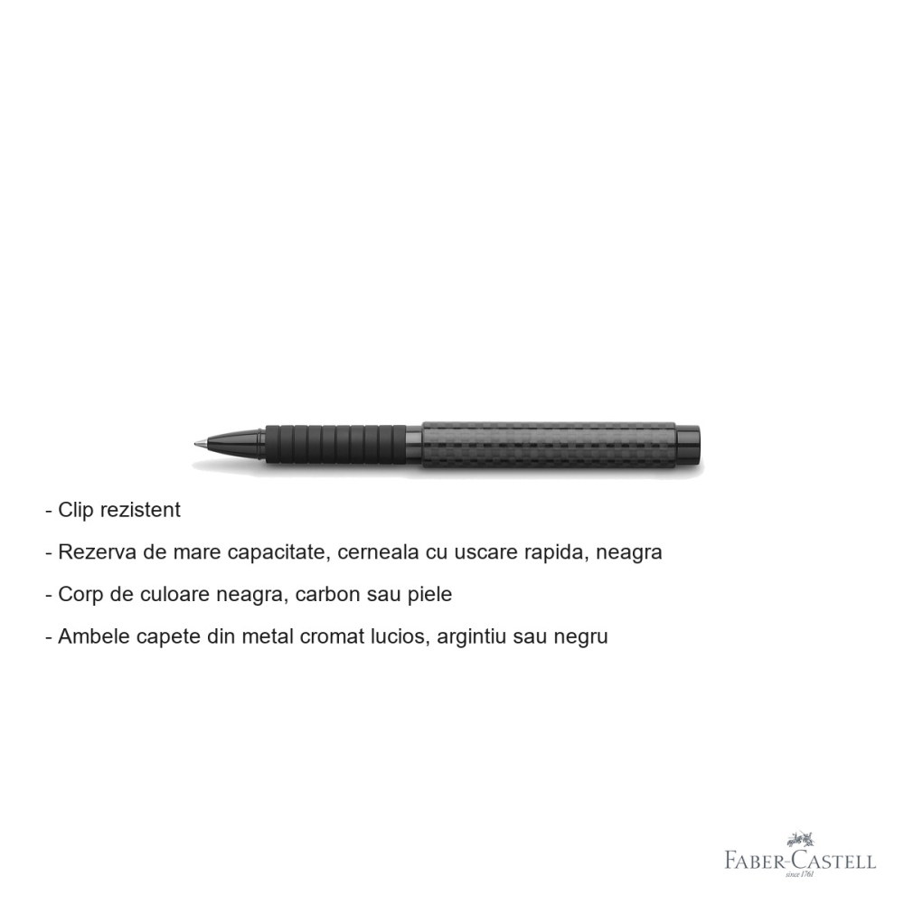 Roller premium Faber-Castell Basic Black Carbon, corp negru cu accesorii cromate, cerneala neagra cu uscare rapida [2]