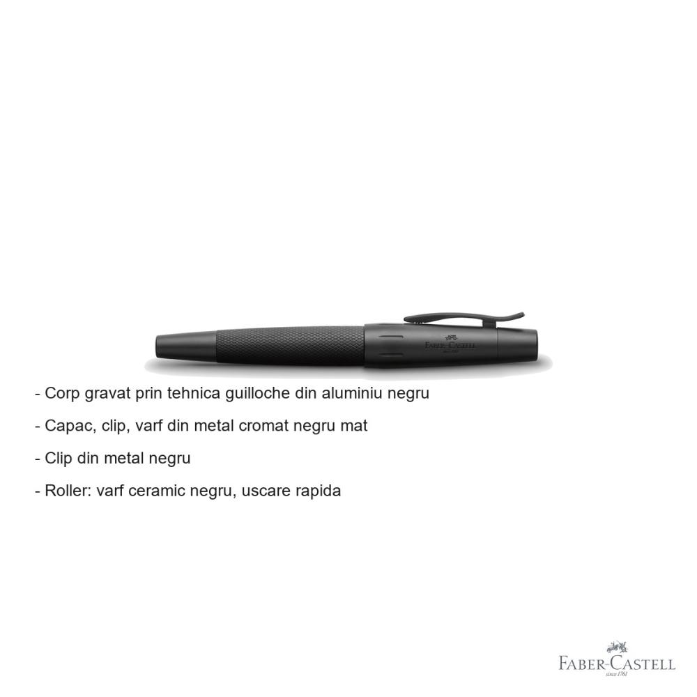 Roller premium Faber-Castell E-Motion Pure Black, corp aluminiu gravat guilloche, varf ceramic, scriere fluida [2]