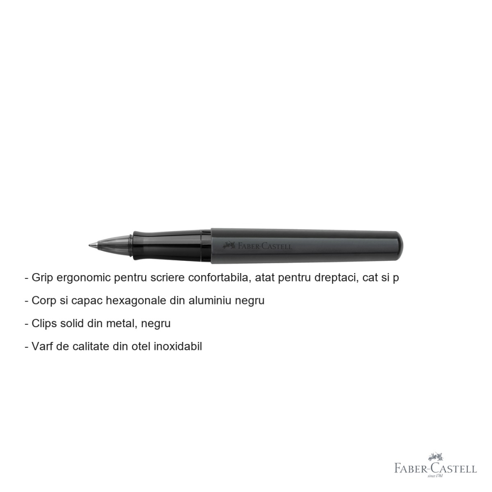 Roller premium Faber-Castell Hexo negru mat, corp hexagonal din aluminiu, scriere confortabila pentru birou [2]