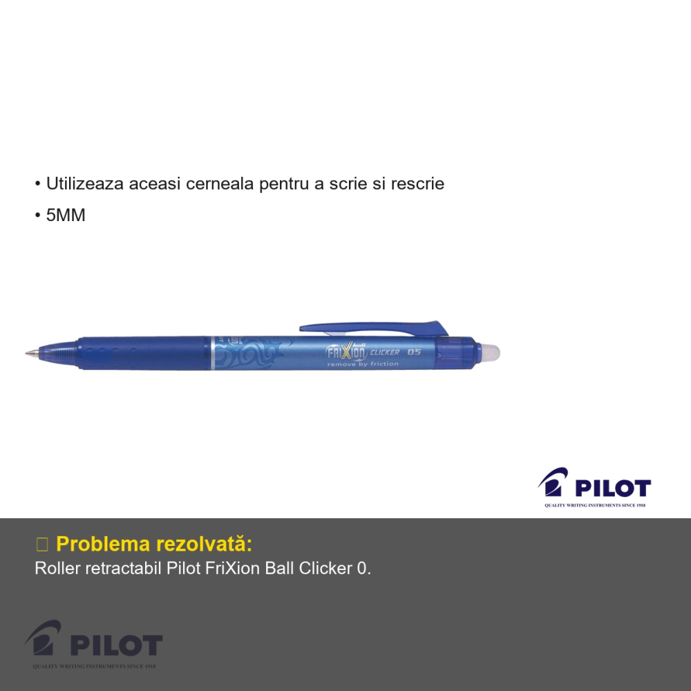 Roller retractabil Pilot FriXion Ball Clicker 0.5mm, cerneala albastra termo-sensibila, scriere si stergere repetata [3]