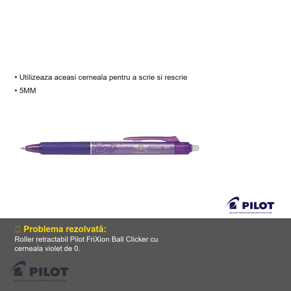Roller retractabil Pilot FriXion Ball Clicker 0.5mm, cerneala violet termosensibila, scriere si stergere repetata [3]