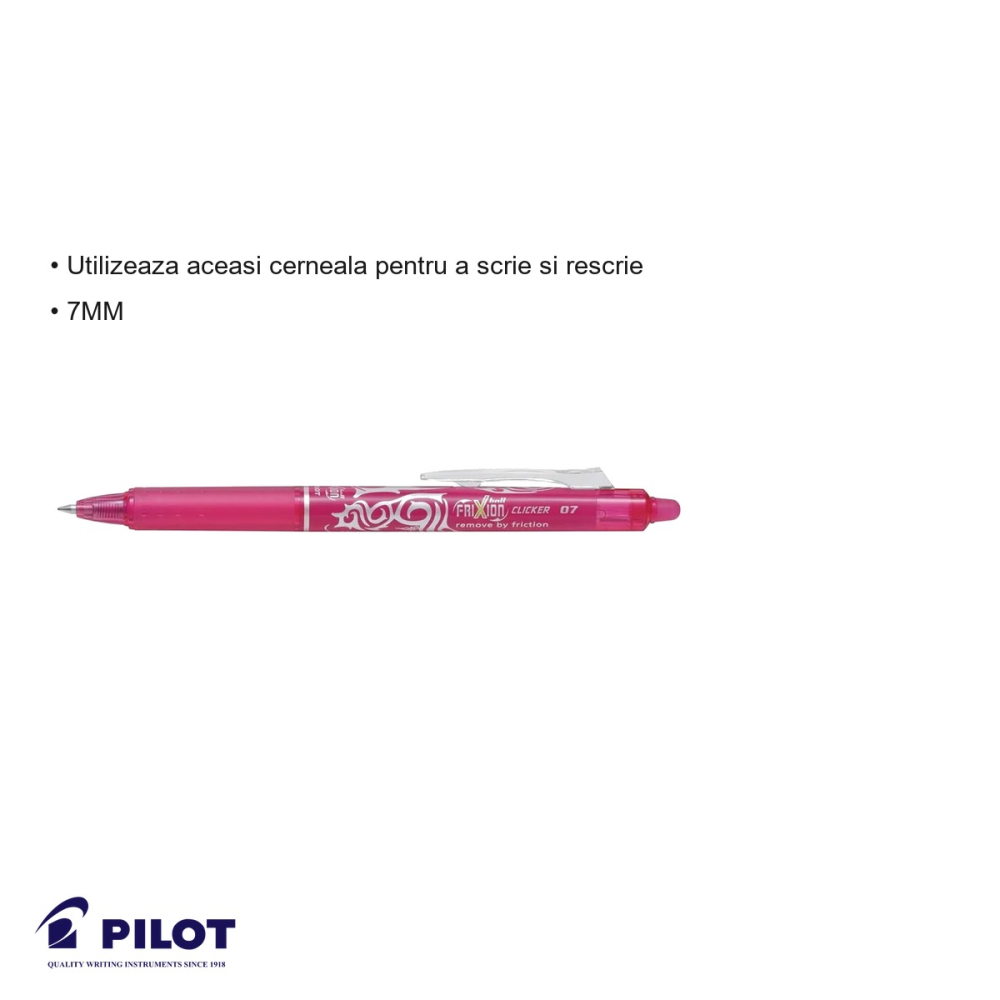 Roller retractabil Pilot FriXion Ball Clicker 0.7mm, cerneala termosensibila roz, pentru scris si sters [3]