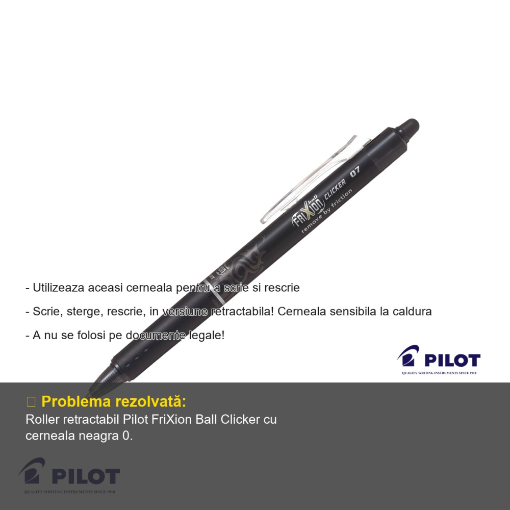 Roller retractabil Pilot FriXion Ball Clicker 0.7mm negru, cerneala termosensibila, scriere si stergere repetata [2]