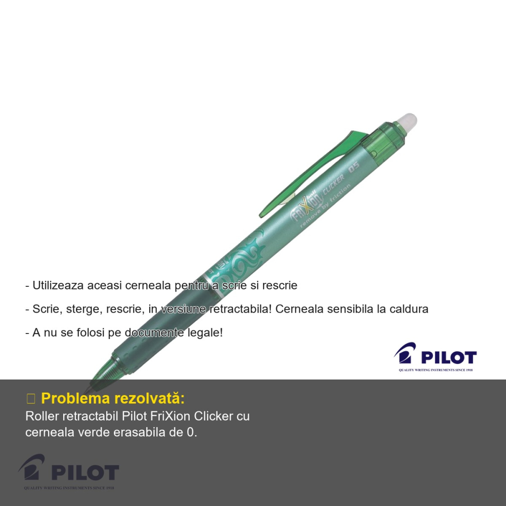 Roller retractabil Pilot FriXion Clicker 0.5mm, cerneala verde erasabila, pentru scris si sters [2]