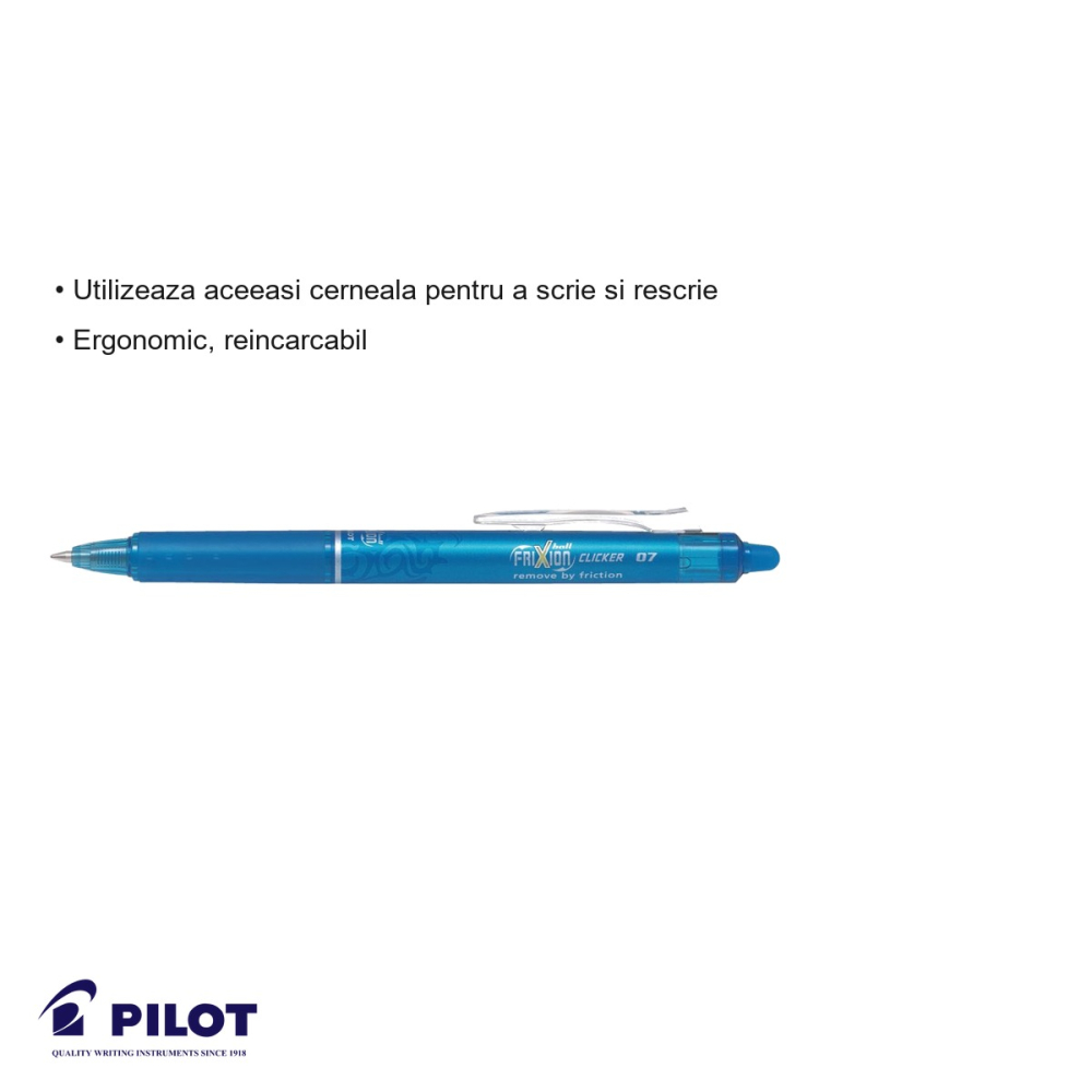Roller retractabil Pilot FriXion Clicker 0.7mm, cerneala albastru deschis, ergonomic si reincarcabil [3]