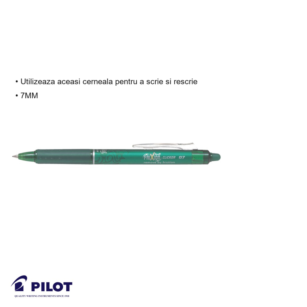 Roller retractabil Pilot FriXion Clicker 0.7mm, cerneala verde termosensibila, pentru scris si sters [3]