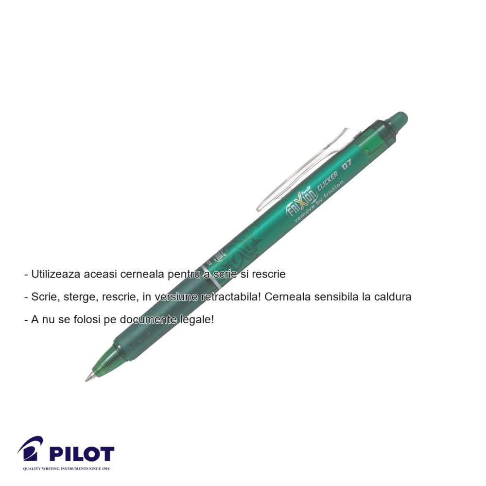 Roller retractabil Pilot FriXion Clicker 0.7mm, cerneala verde termosensibila, pentru scris si sters [2]