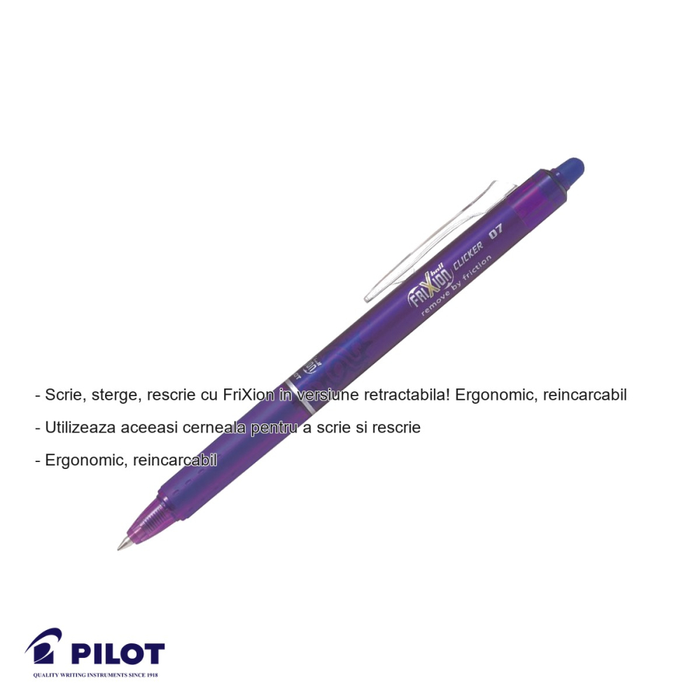 Roller retractabil Pilot FriXion Clicker 0.7mm, cerneala violet termosensibila, reutilizabil si ergonomic [2]
