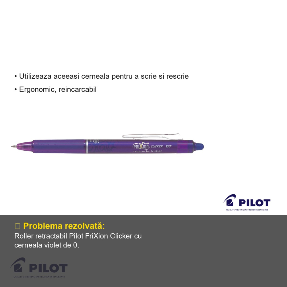 Roller retractabil Pilot FriXion Clicker 0.7mm, cerneala violet termosensibila, reutilizabil si ergonomic [3]