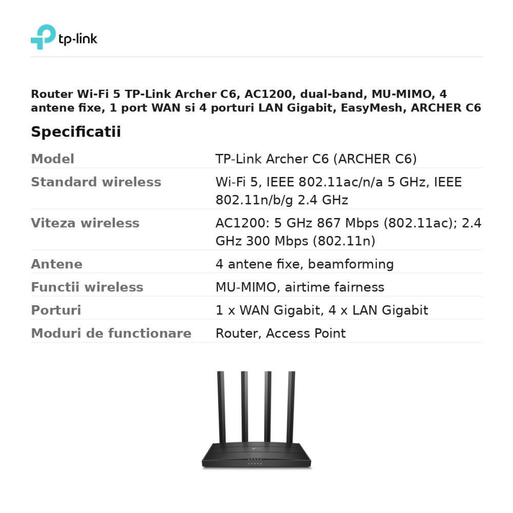 Router Wi-Fi 5 TP-Link Archer C6, AC1200, dual-band, MU-MIMO, 4 antene fixe, 1 port WAN si 4 porturi LAN Gigabit, EasyMesh, ARCHER C6 [3]