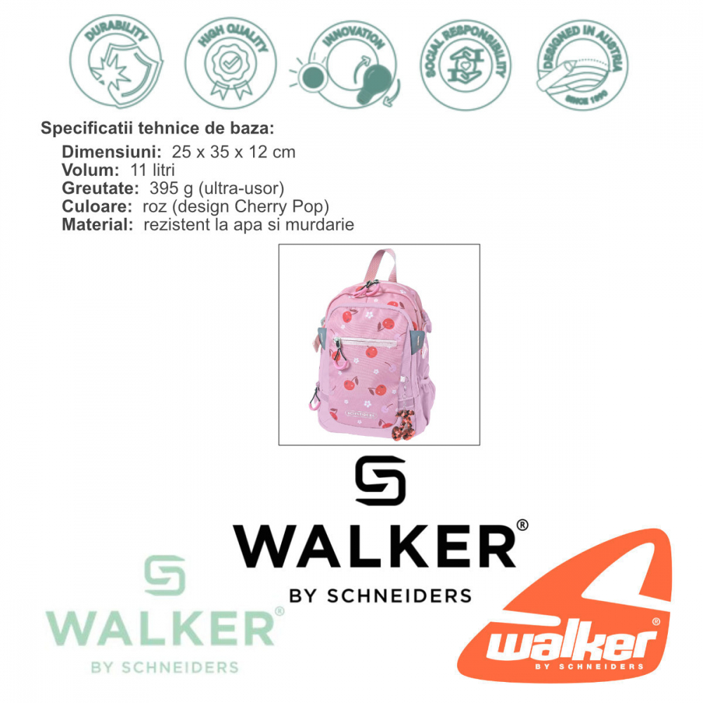 Rucsac Clasa Pregatitoare Cherry Pop Roz, Schneiders Kids, 25 x 35 x 12 cm, 11 L, roz [2]