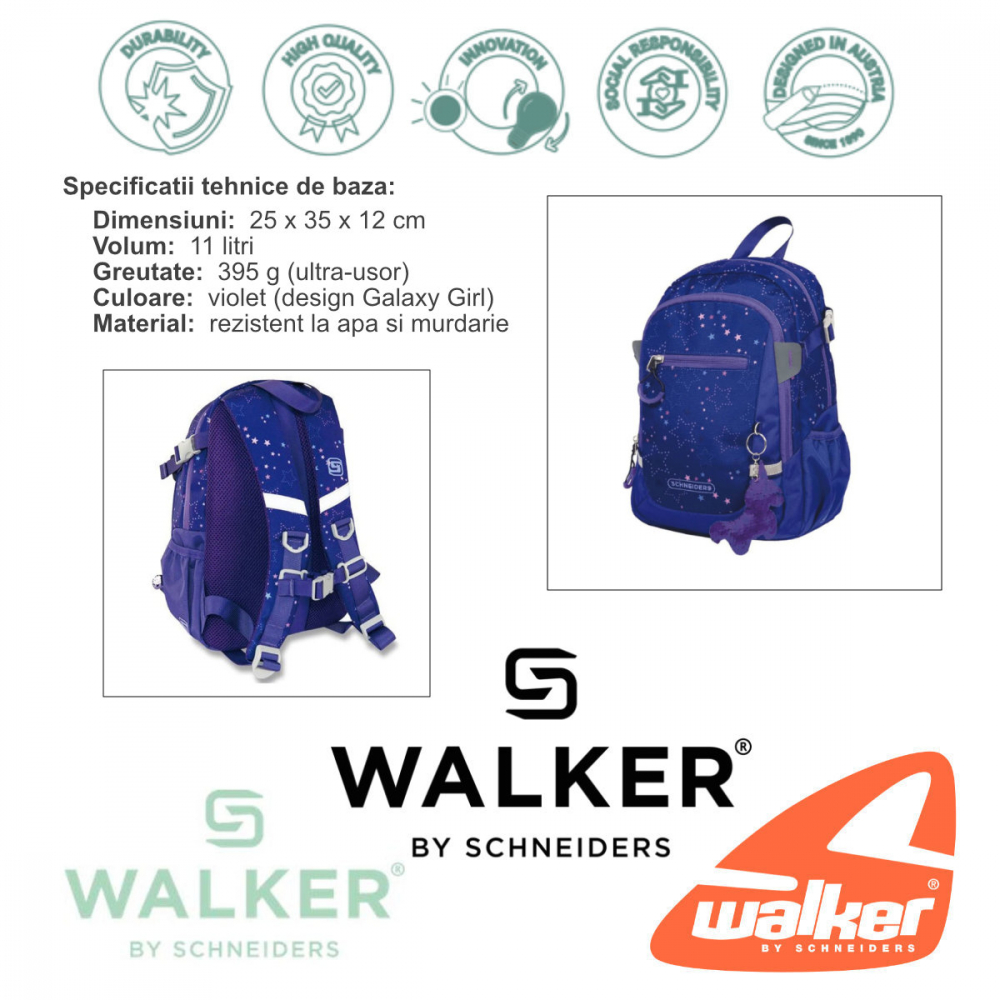 Rucsac Clasa Pregatitoare Galaxy Girl Violet, Schneiders Kids, 25 x 35 x 12 cm, 11 L, violet [3]