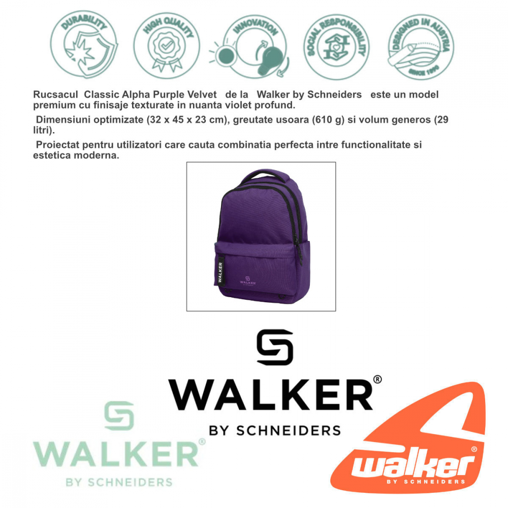 Rucsac Classic Alpha Purple Velvet, Walker by Schneiders, 32 x 45 x 23 cm, 29 L, violet [2]