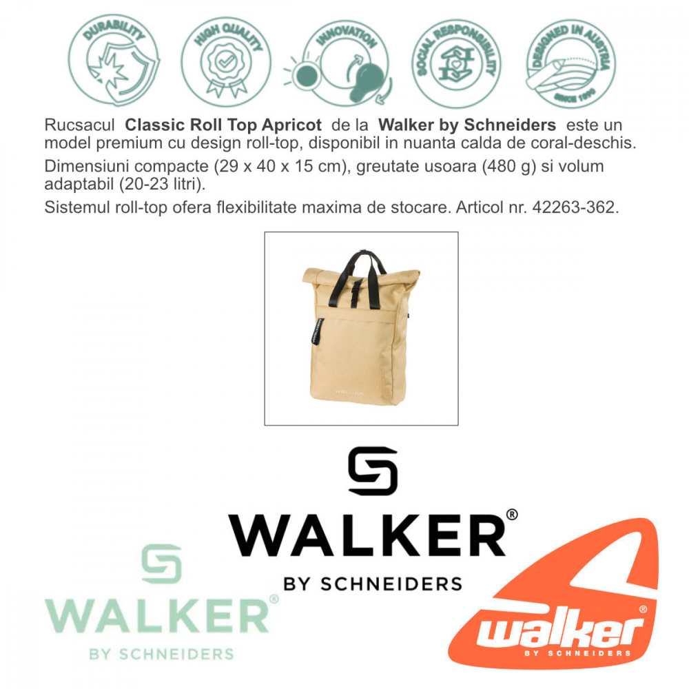 Rucsac Classic Roll Top Apricot, Walker by Schneiders, 29 x 40 x 15 cm, 20-23 L, coral-deschis [2]