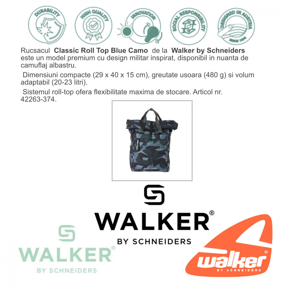 Rucsac Classic Roll Top Blue Camo, Walker by Schneiders, 29 x 40 x 15 cm, 20-23 L, camuflaj albastru [2]