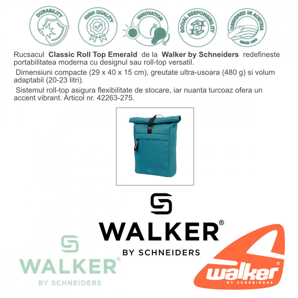 Rucsac Classic Roll Top Emerald, Walker by Schneiders, 29 x 40 x 15 cm, 20-23 L, turcoaz [2]