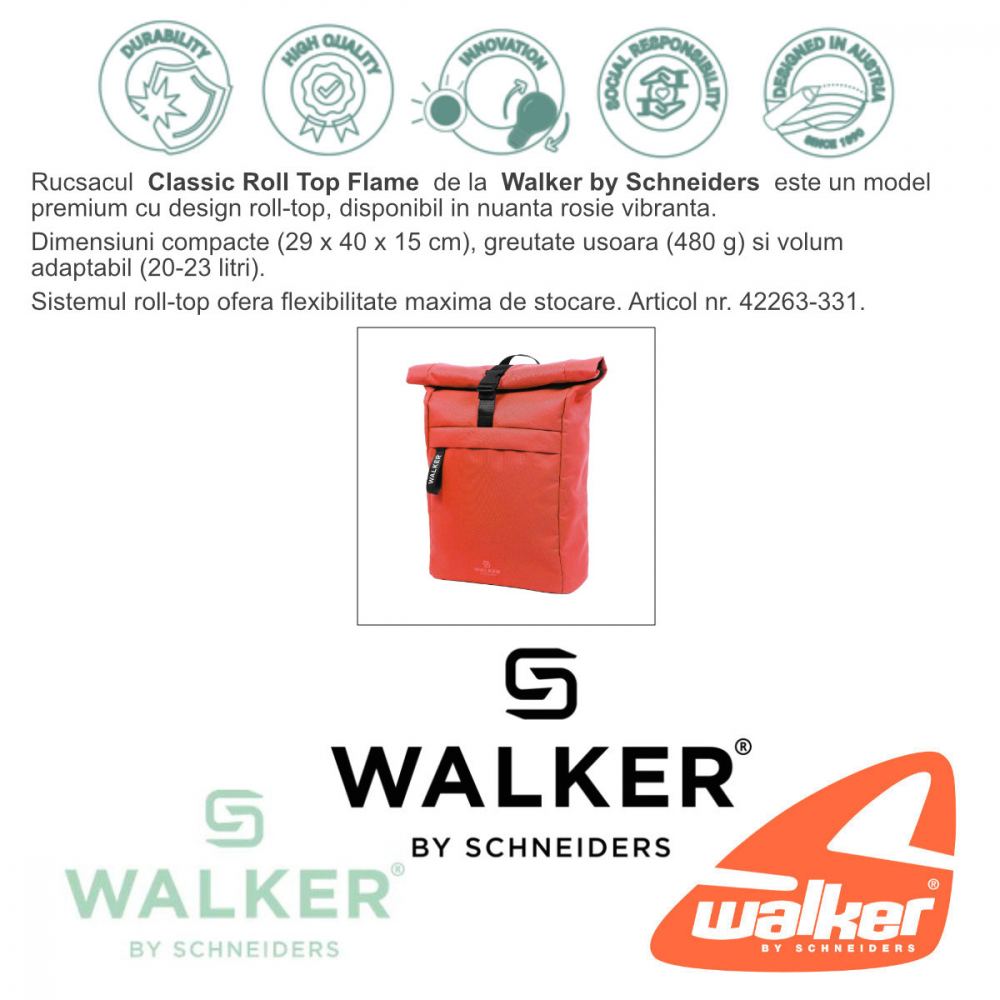 Rucsac Classic Roll Top Flame, Walker by Schneiders, 29 x 40 x 15 cm, 20-23 L, rosu [2]