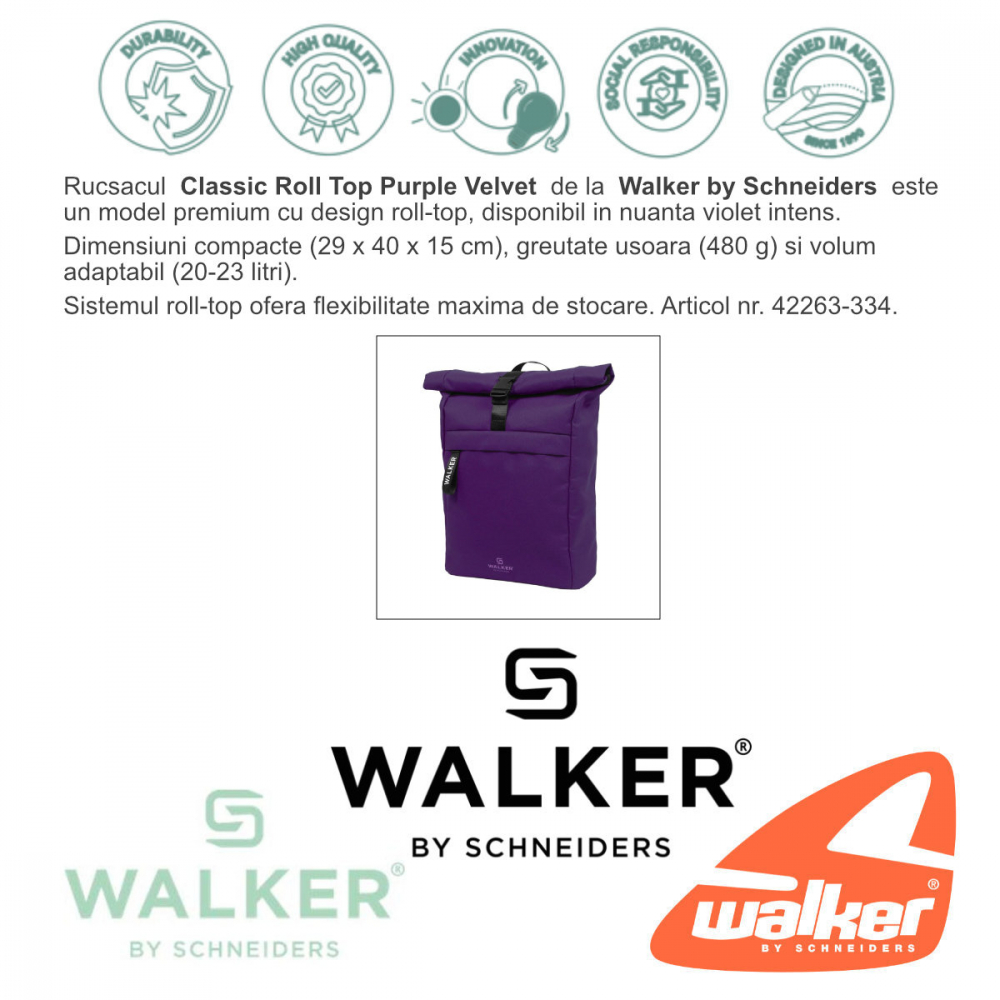 Rucsac Classic Roll Top Purple Velvet, Walker by Schneiders, 29 x 40 x 15 cm, 20-23 L, violet [2]