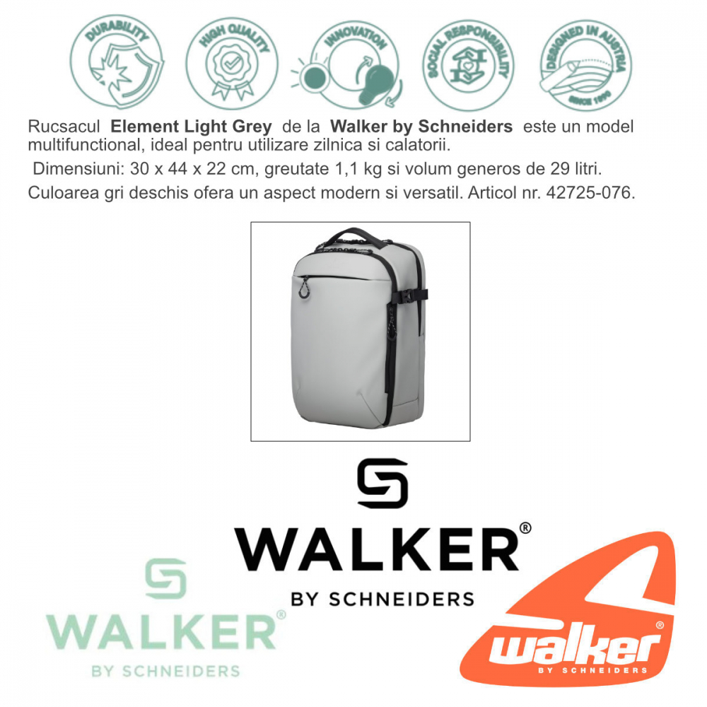 Rucsac Element Light Grey, Walker by Schneiders, 30 x 44 x 22 cm, 29 L, gri deschis [7]
