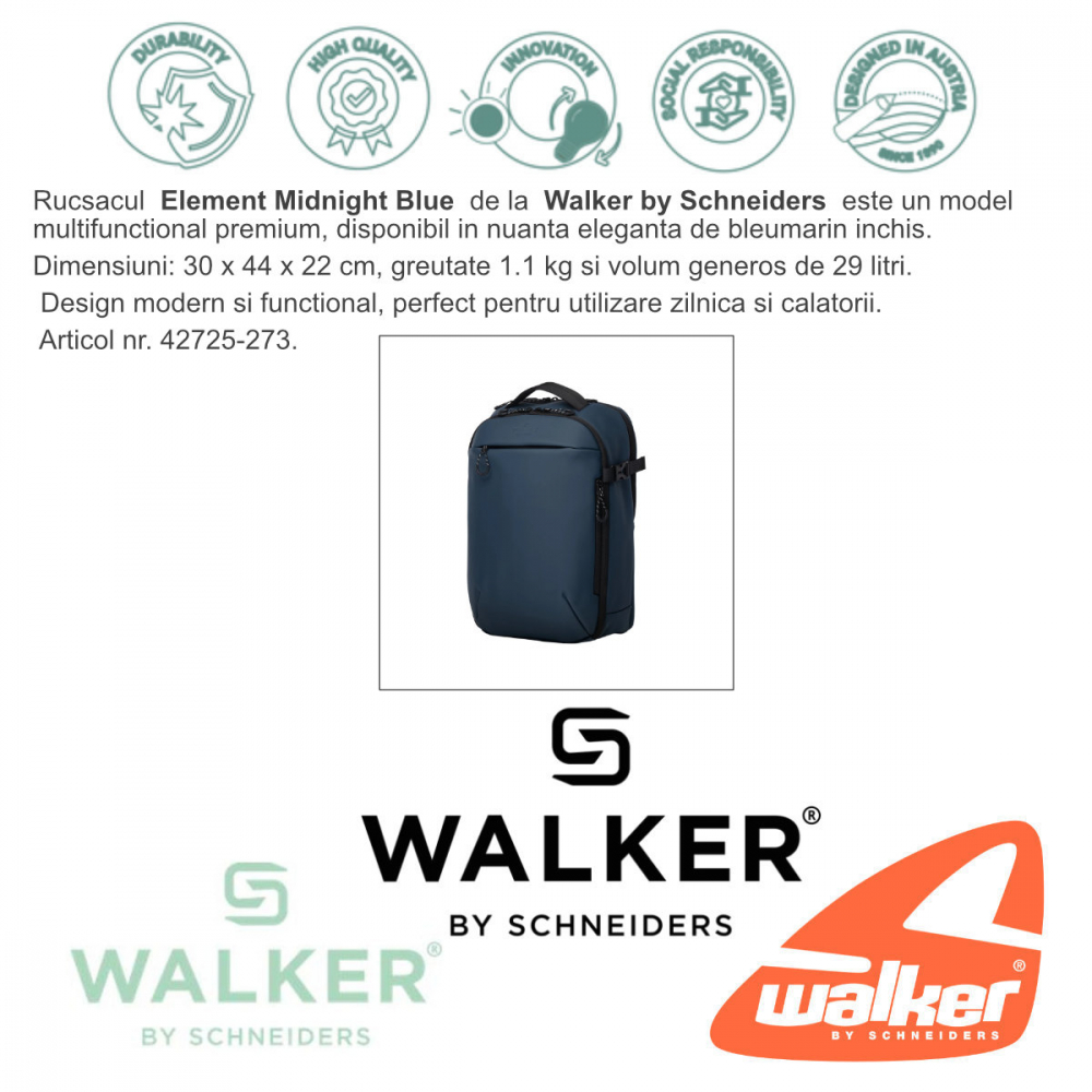 Rucsac Element Midnight Blue, Walker by Schneiders, 30 x 44 x 22 cm, 29 L, bleumarin [7]