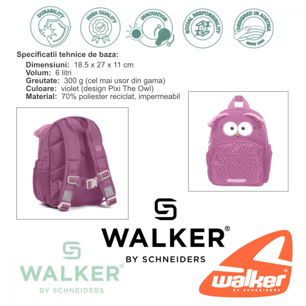 Rucsac Gradinita Mini Pixi The Owl Violet, Schneiders Kids, 18.5 x 27 x 11 cm, 6 L, violet [3]