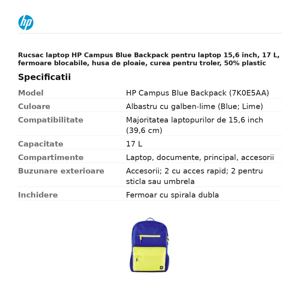 Rucsac laptop HP Campus Blue Backpack pentru laptop 15,6 inch, 17 L, fermoare blocabile, husa de ploaie, curea pentru troler, 50% plastic reciclat, albastru cu galben-lime, 7K0E5AA [3]