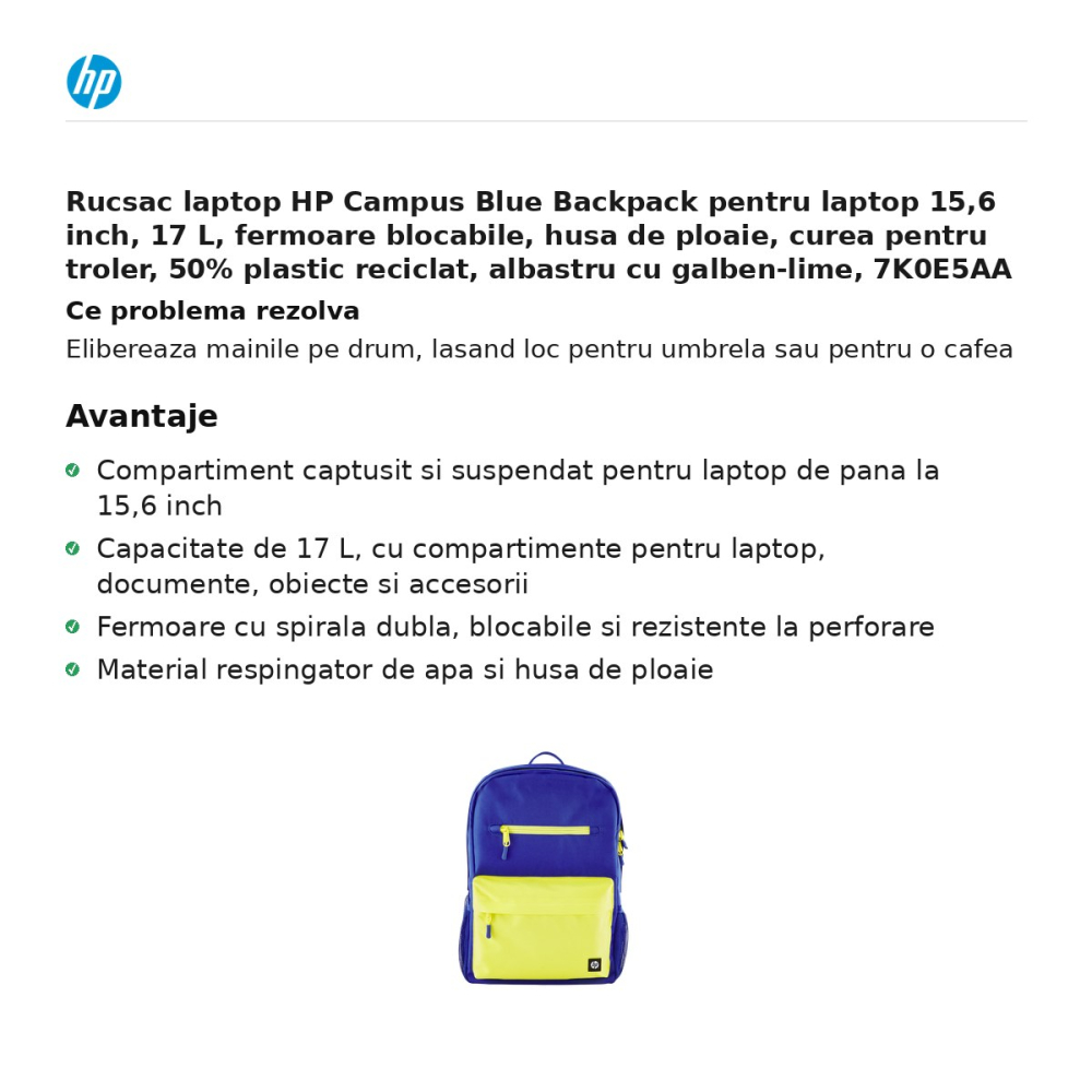 Rucsac laptop HP Campus Blue Backpack pentru laptop 15,6 inch, 17 L, fermoare blocabile, husa de ploaie, curea pentru troler, 50% plastic reciclat, albastru cu galben-lime, 7K0E5AA [2]